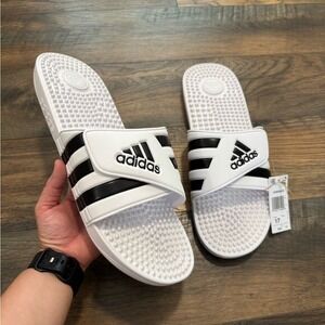 NEW Adidas Adissage Stripe Black White Slip-On Sandals Rubber Slides‎ Mens 17